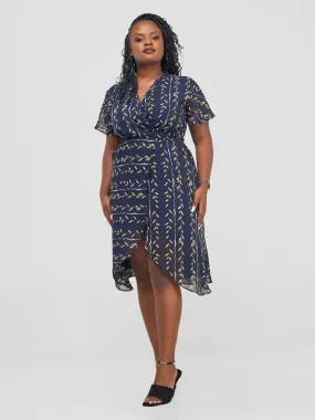 The Fashion Frenzy Printed Wrap Dress - Navy Blue Print
