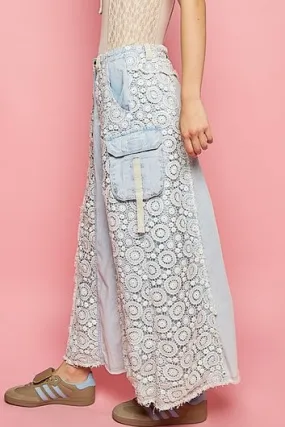Those Who Wander Vintage Washed Lace Paneled Denim Maxi Skirt