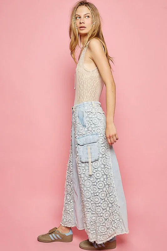 Those Who Wander Vintage Washed Lace Paneled Denim Maxi Skirt