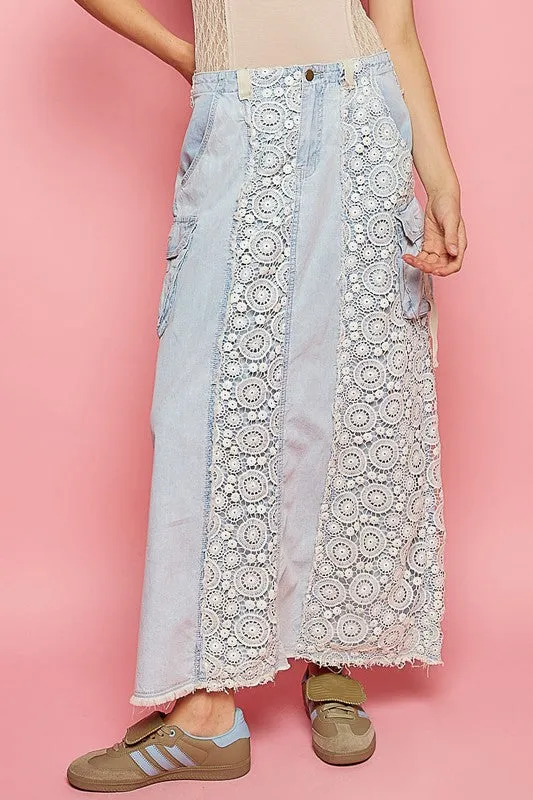 Those Who Wander Vintage Washed Lace Paneled Denim Maxi Skirt