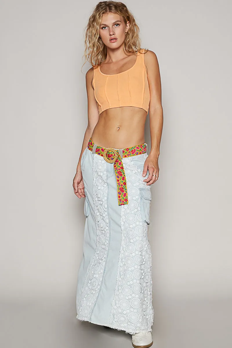 Those Who Wander Vintage Washed Lace Paneled Denim Maxi Skirt