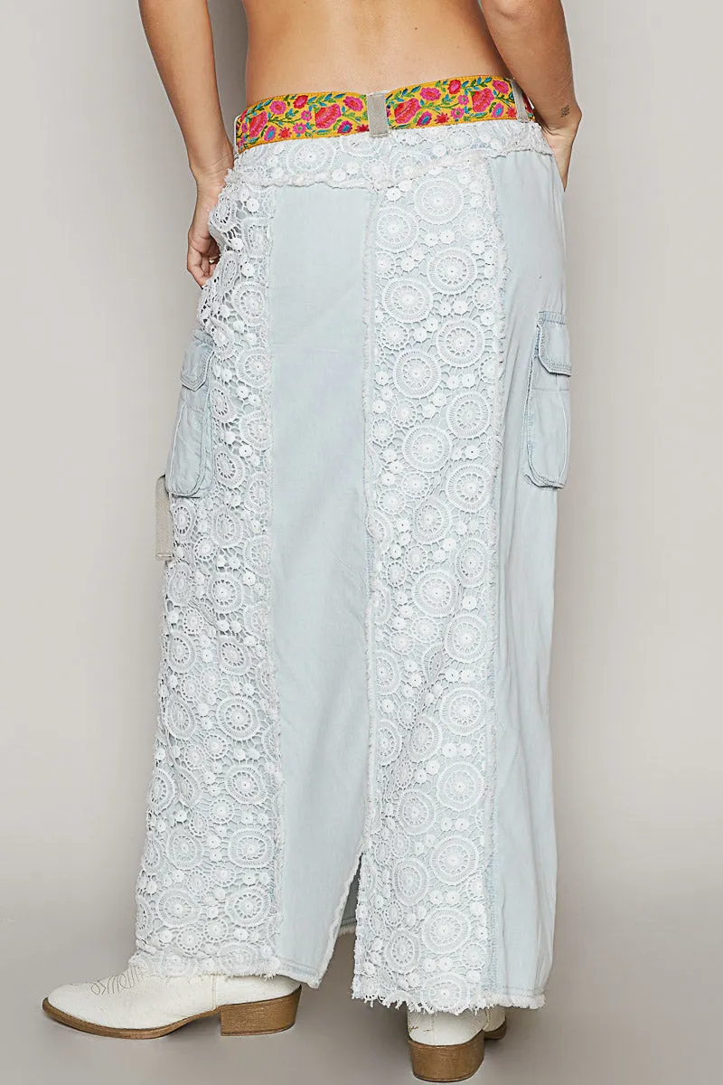 Those Who Wander Vintage Washed Lace Paneled Denim Maxi Skirt