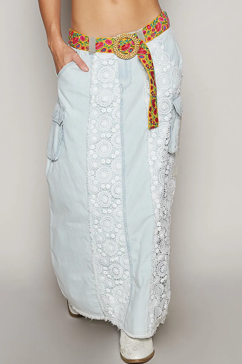 Those Who Wander Vintage Washed Lace Paneled Denim Maxi Skirt