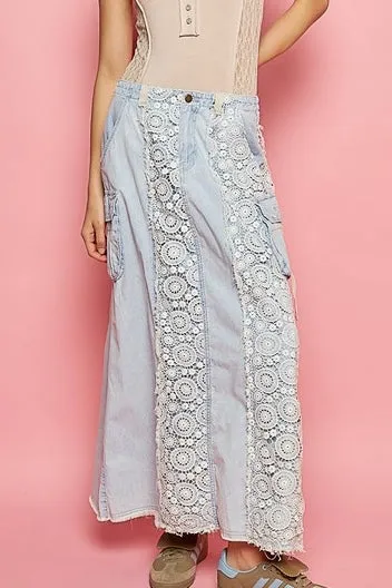 Those Who Wander Vintage Washed Lace Paneled Denim Maxi Skirt