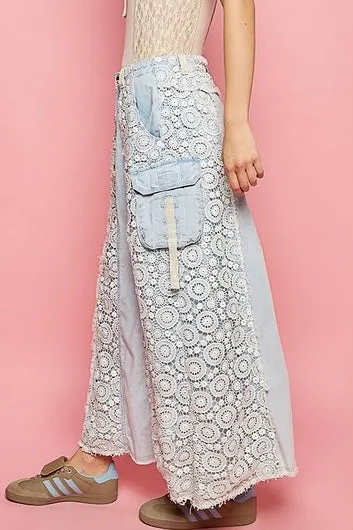 Those Who Wander Vintage Washed Lace Paneled Denim Maxi Skirt