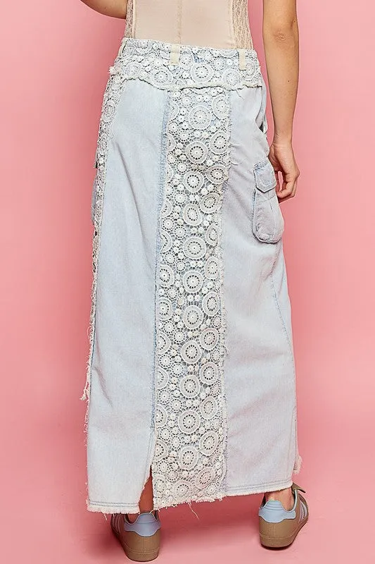 Those Who Wander Vintage Washed Lace Paneled Denim Maxi Skirt
