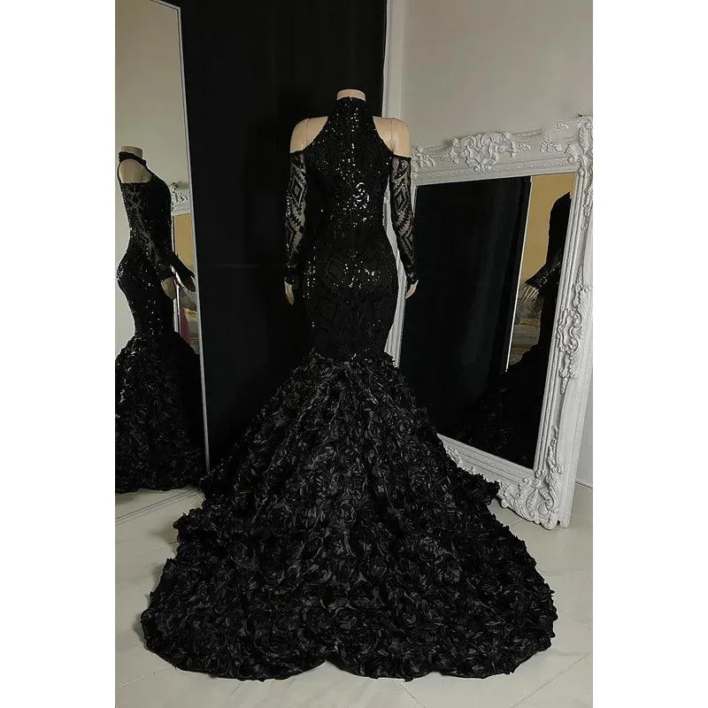 Trumpet/Mermaid V-Neck Lace Sequins Zipper-Up Long Sleeves Prom Dress For Black Slay