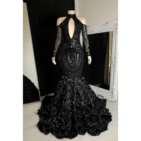 Trumpet/Mermaid V-Neck Lace Sequins Zipper-Up Long Sleeves Prom Dress For Black Slay