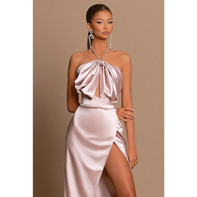 Unique Halter Pleated Side Slit Long Pink Prom Formal Evening Dress