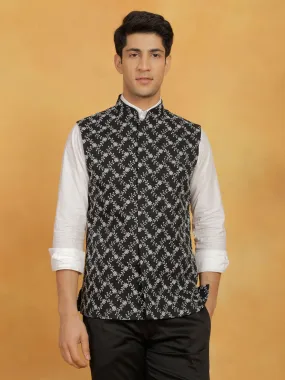 VASTRAMAY Men's Black Cotton Nehru Jacket