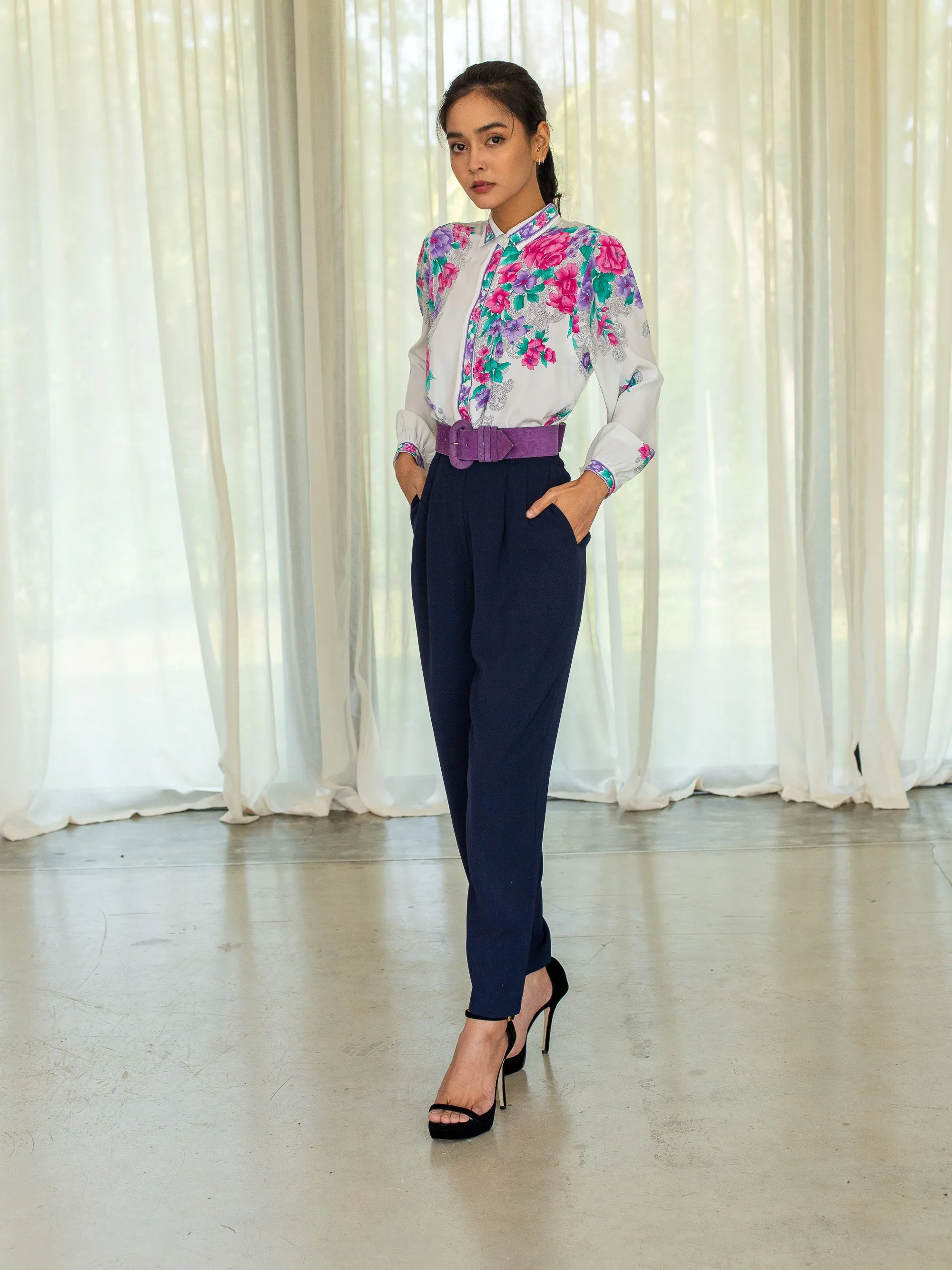 Vintage Navy Blue Rayon High Waisted Trousers
