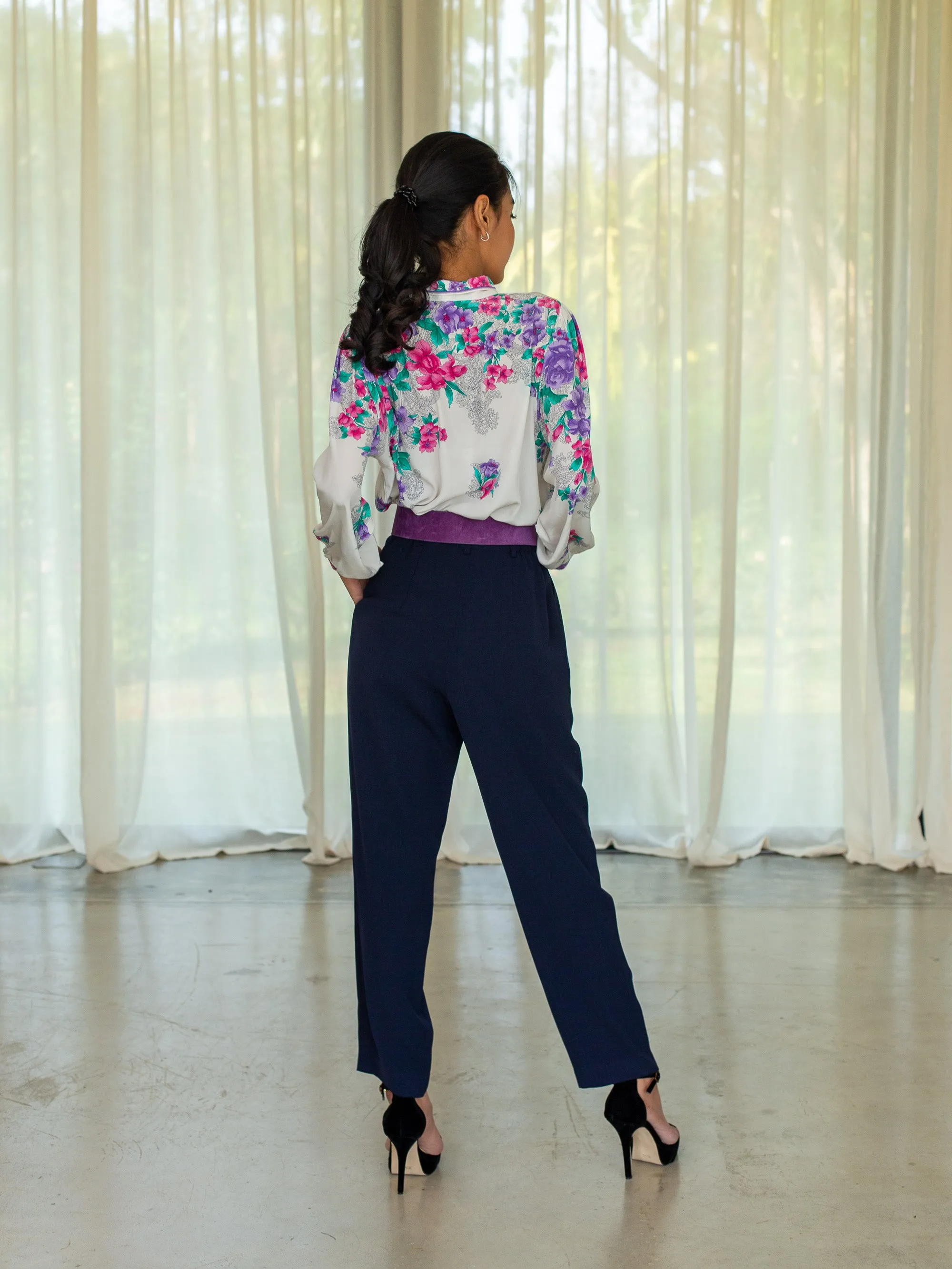 Vintage Navy Blue Rayon High Waisted Trousers