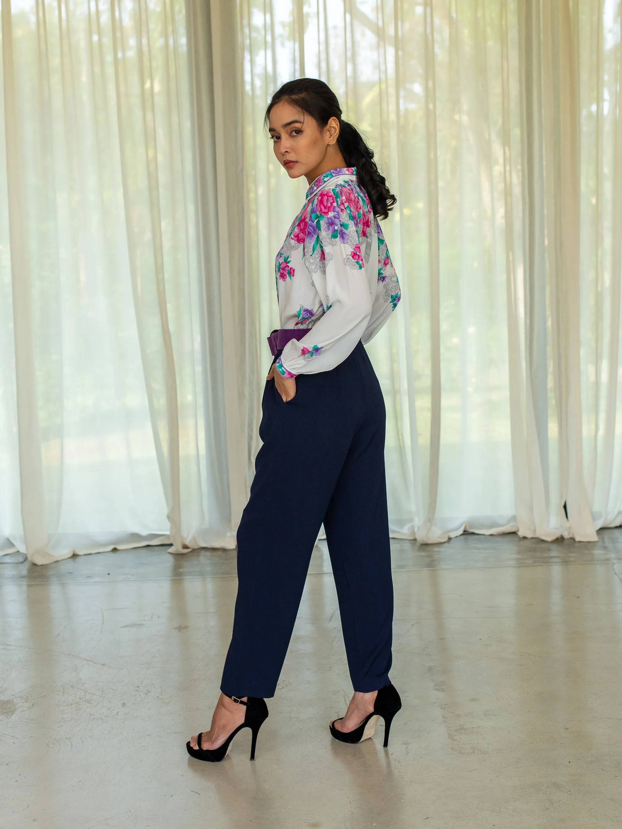 Vintage Navy Blue Rayon High Waisted Trousers