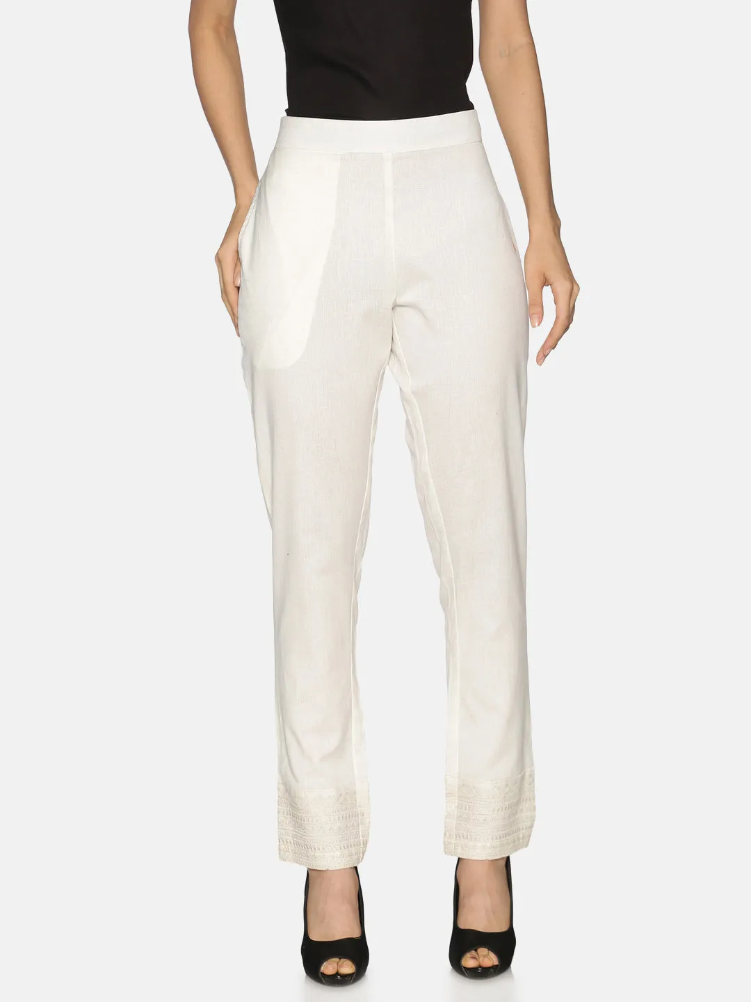 White Embroidered Trousers