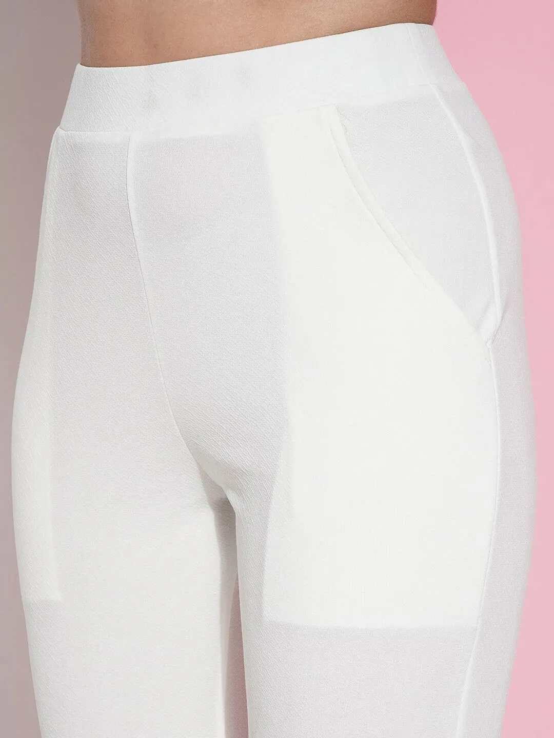 White Mid-Rise Slim Fit Knitted Trouser with Zip Fly
