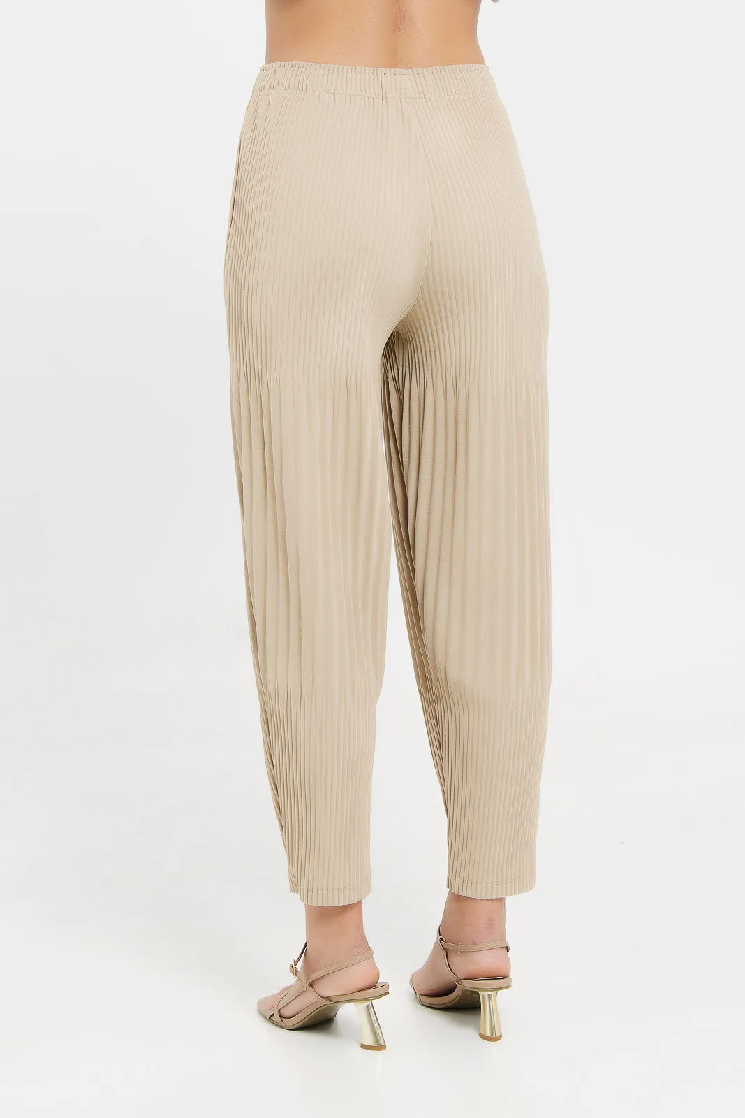 Women Beige Pleated Pant