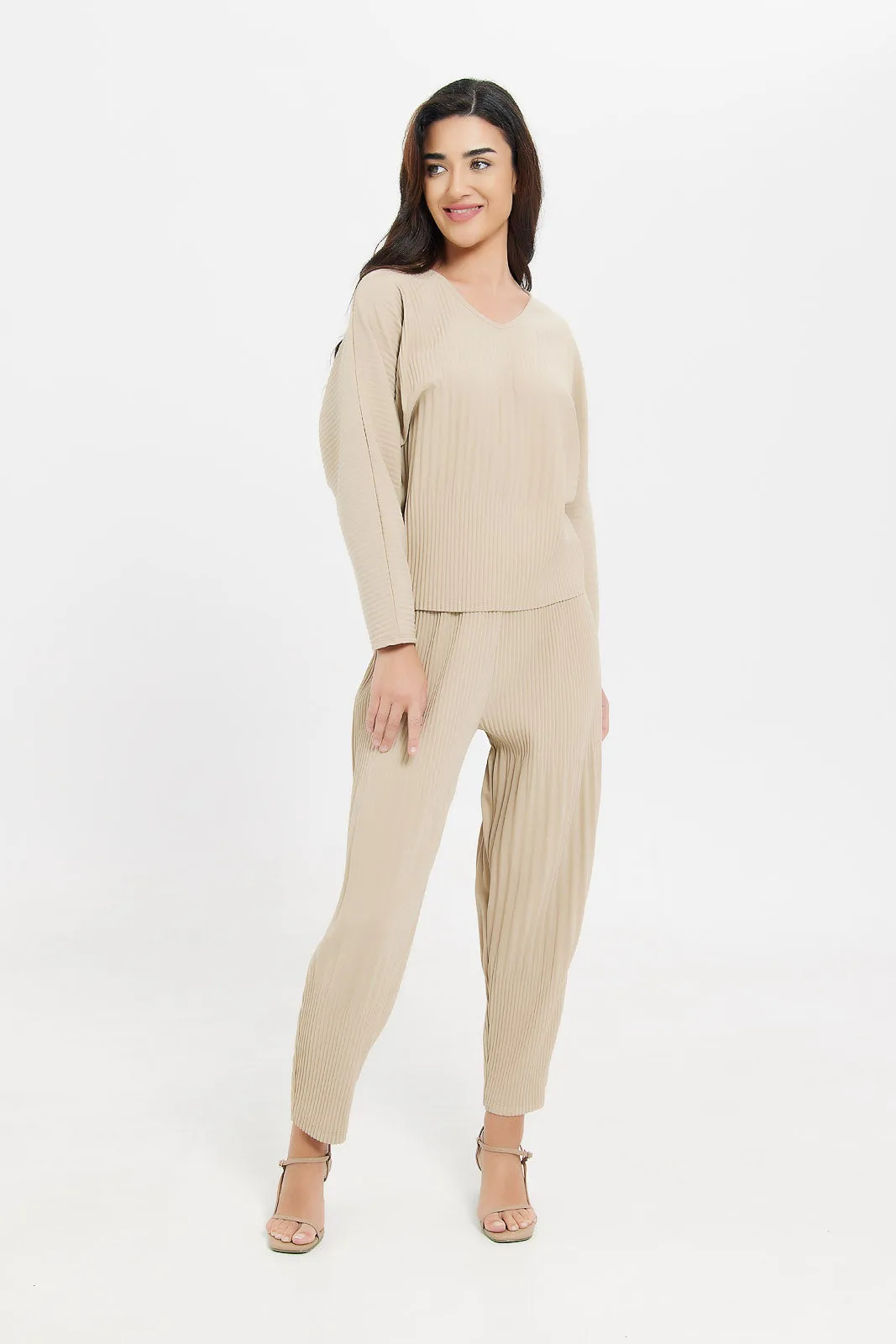 Women Beige Pleated Pant