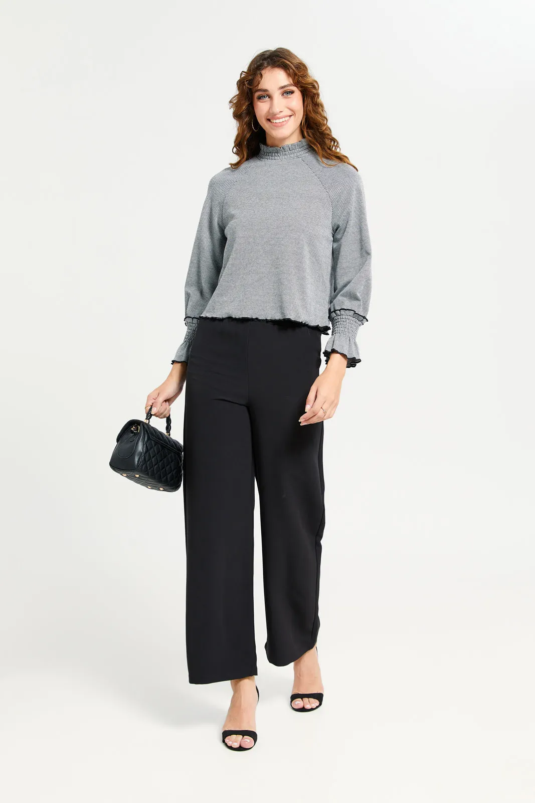Women Black Plain Tailored Wide Leg Trouser