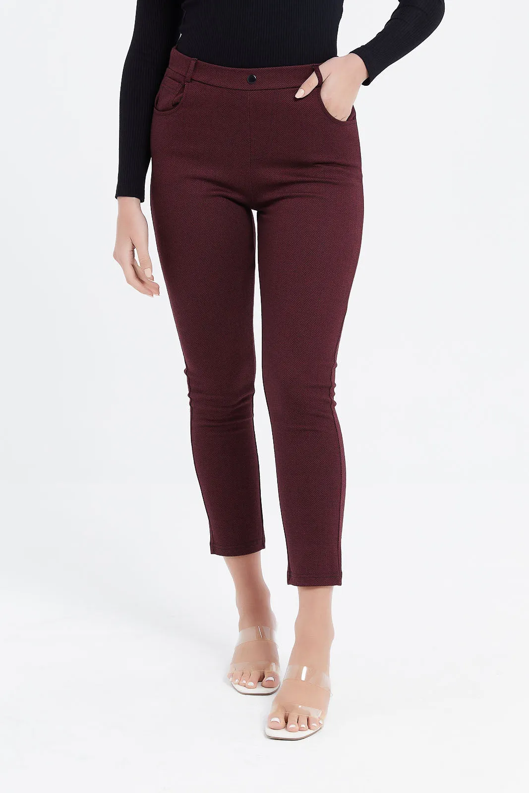 Women Burgundy Plain Trousers
