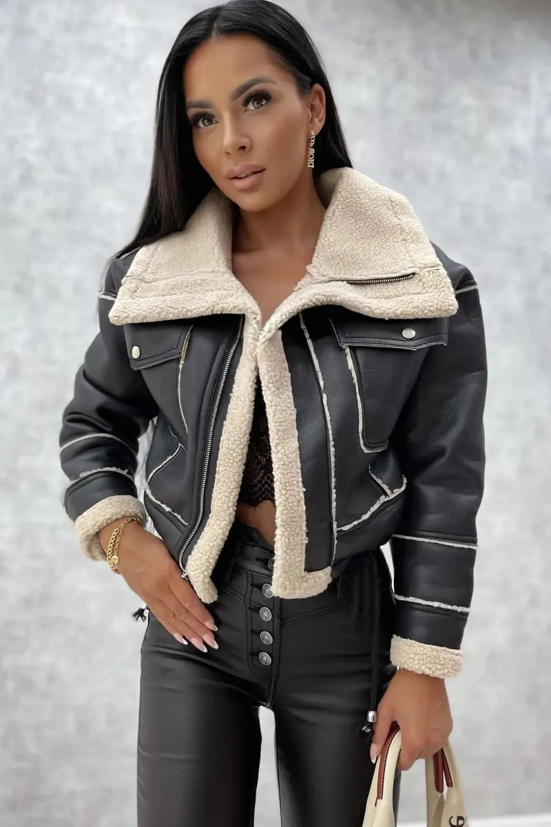 Women's Black Leather Shearling Aviator Cropped Jacket