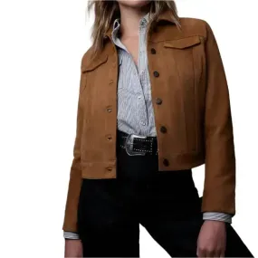 Women's Brown Suede Trucker Leather Jacket – Classic & Trendy