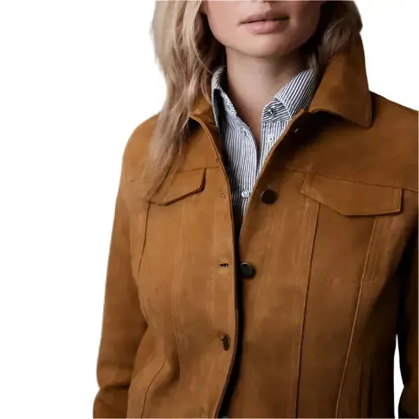 Women's Brown Suede Trucker Leather Jacket – Classic & Trendy