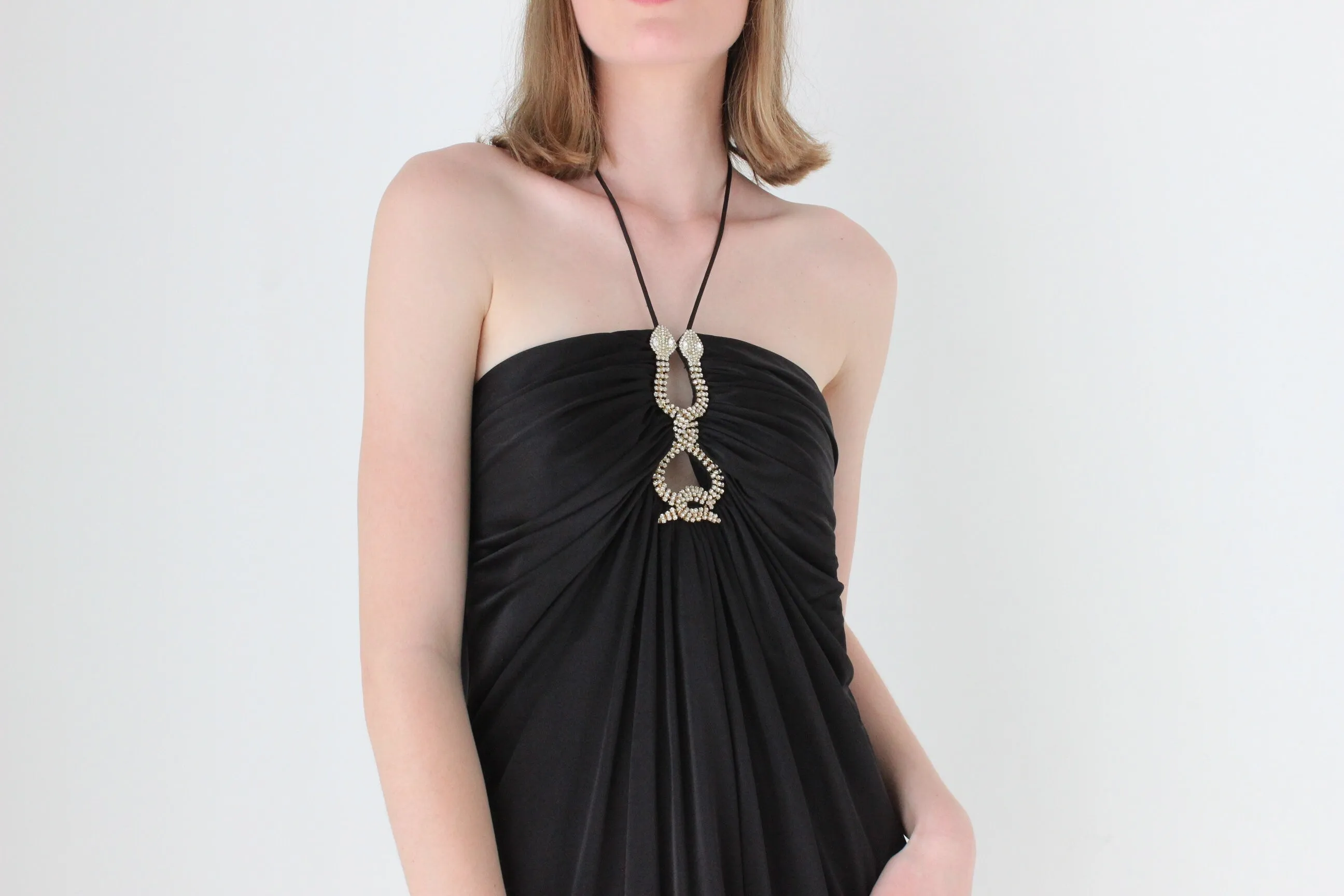 Y2K Slinky Ruched Halter Mini w/ Cavalli Vibe Gold & Crystal Snakes