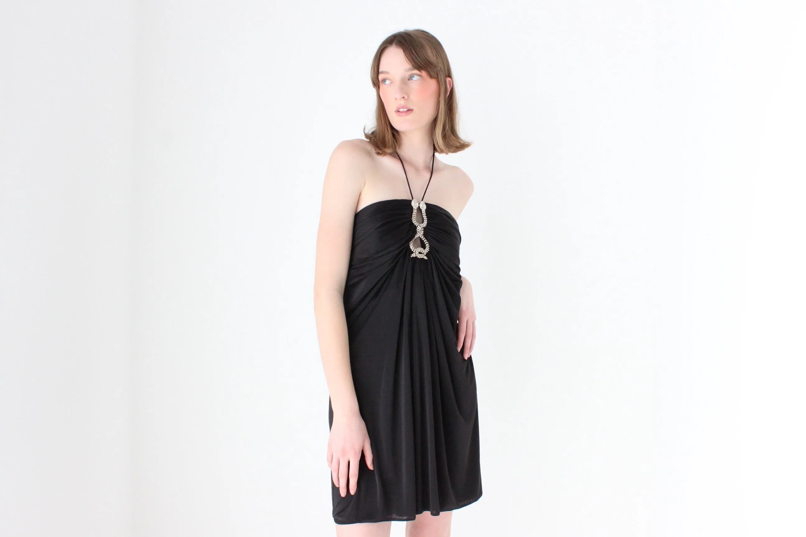 Y2K Slinky Ruched Halter Mini w/ Cavalli Vibe Gold & Crystal Snakes