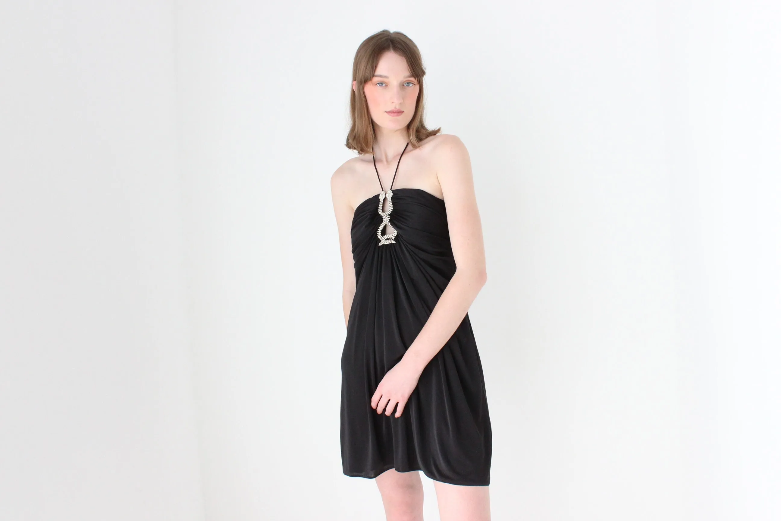 Y2K Slinky Ruched Halter Mini w/ Cavalli Vibe Gold & Crystal Snakes