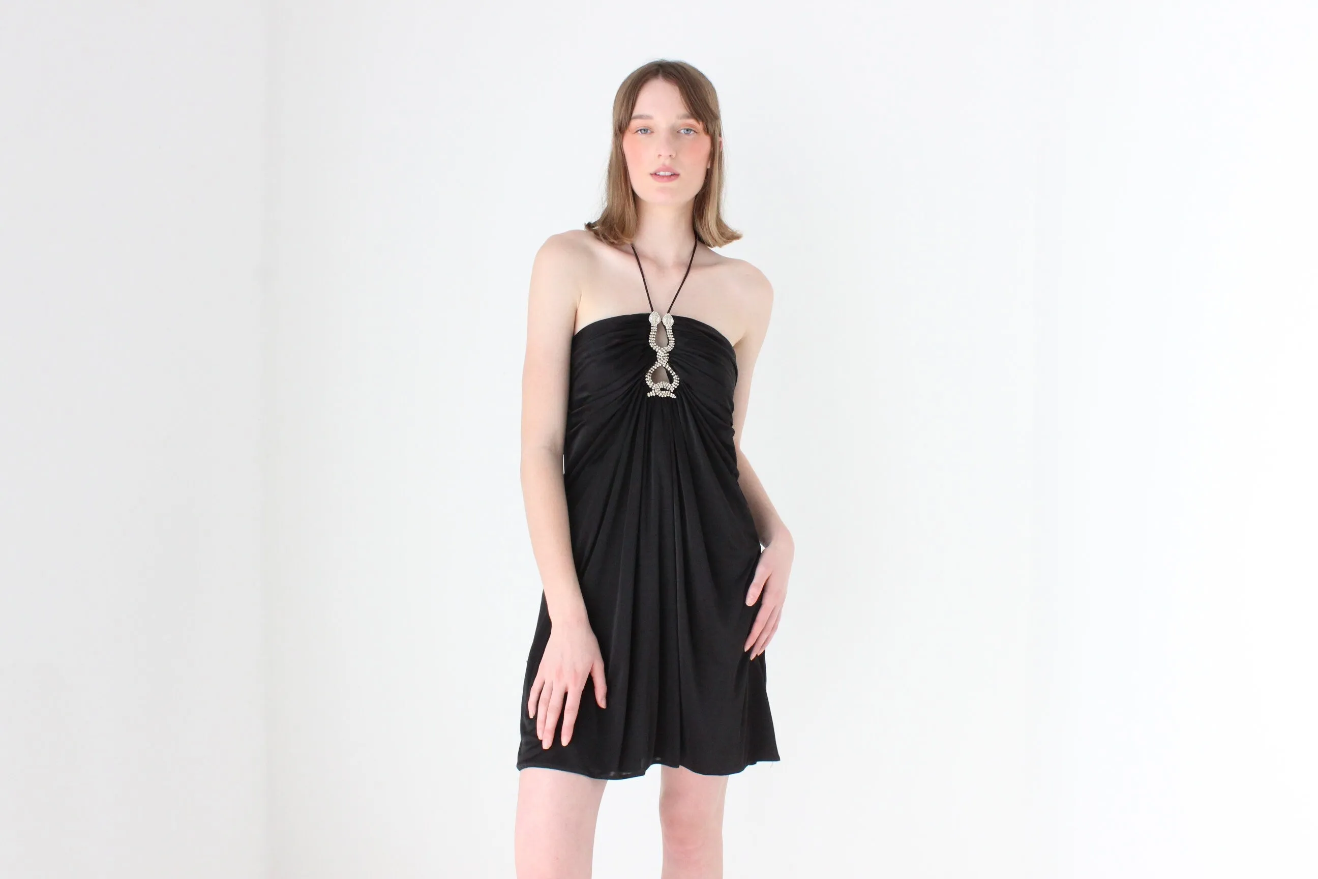Y2K Slinky Ruched Halter Mini w/ Cavalli Vibe Gold & Crystal Snakes