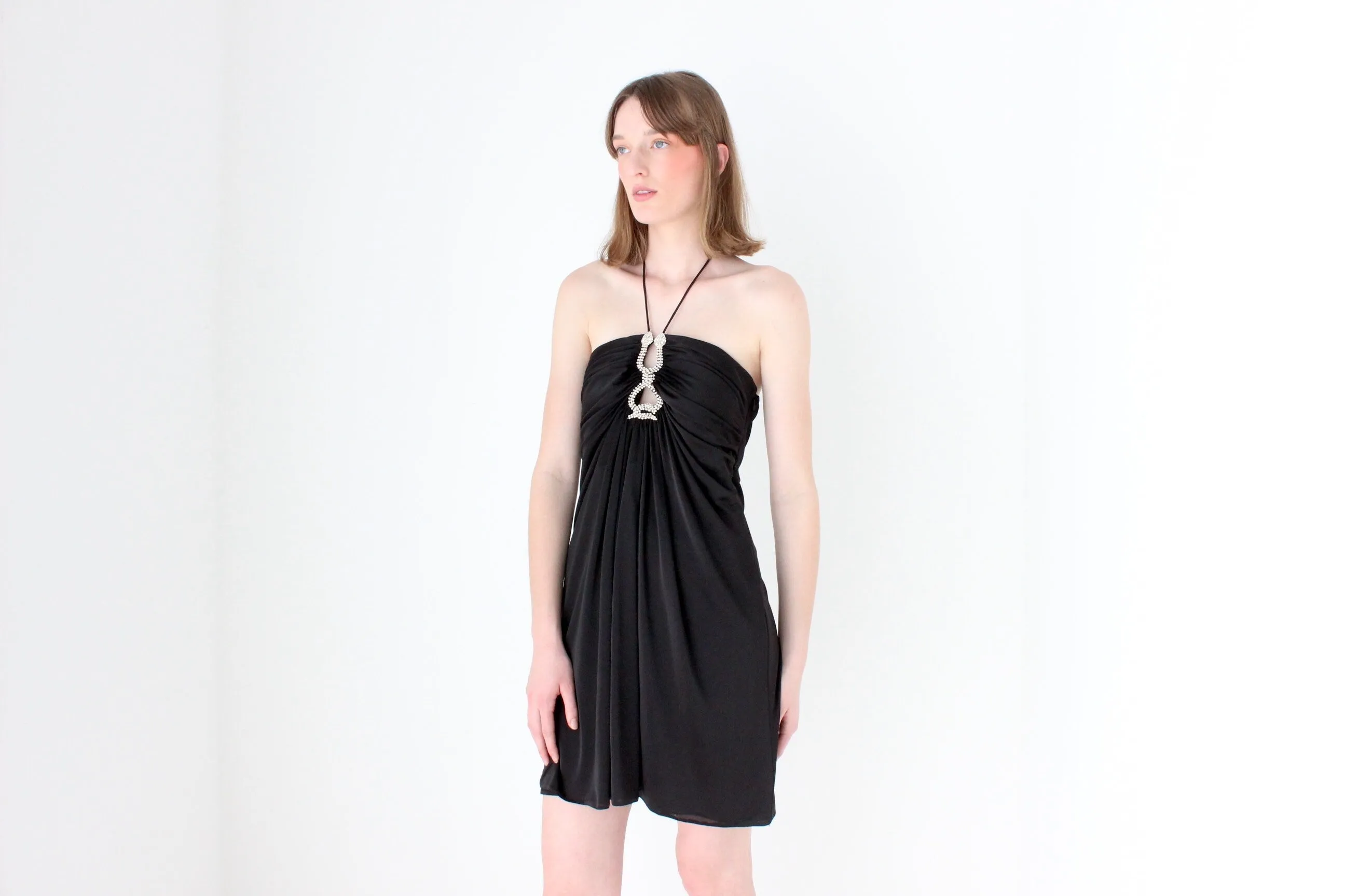 Y2K Slinky Ruched Halter Mini w/ Cavalli Vibe Gold & Crystal Snakes
