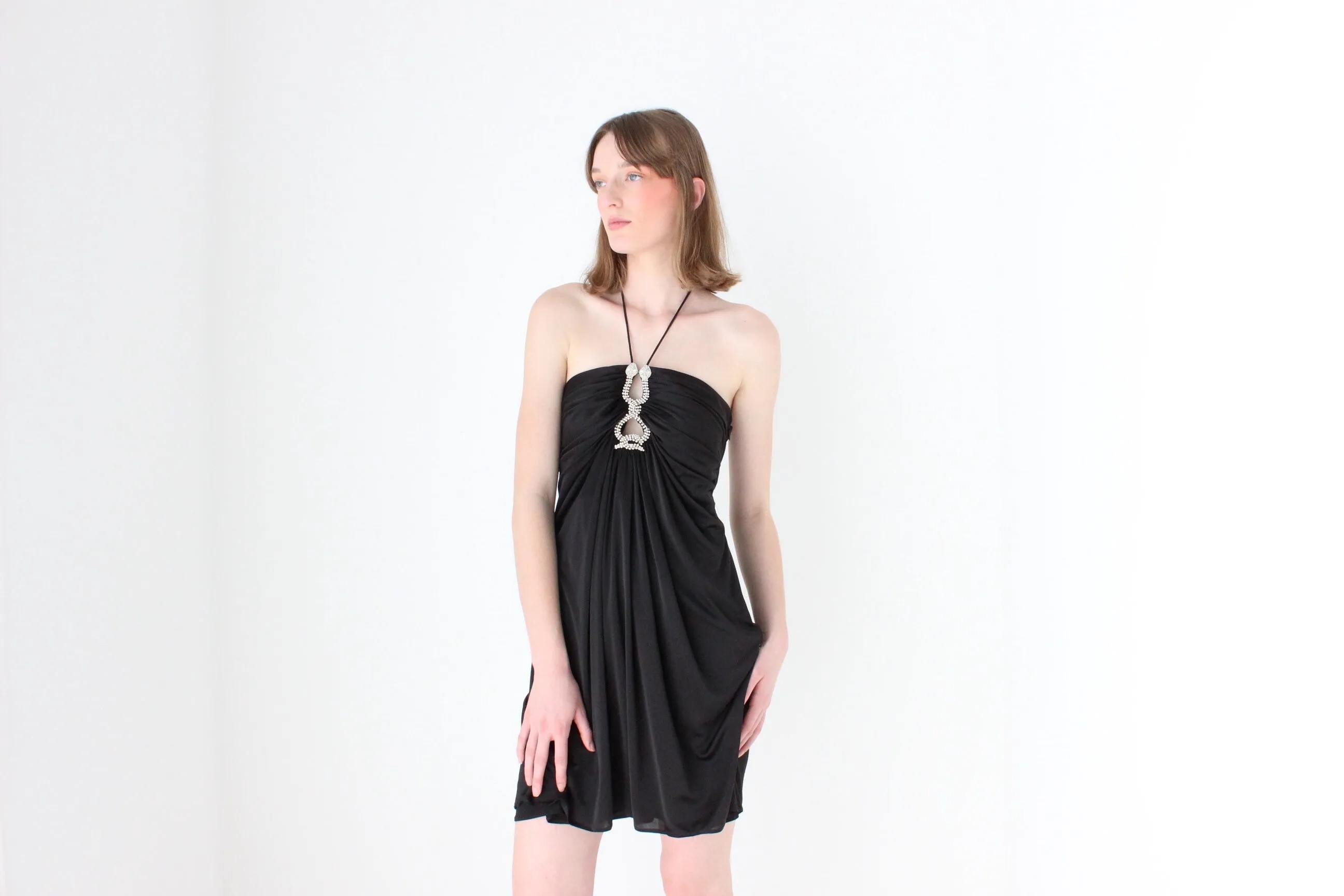 Y2K Slinky Ruched Halter Mini w/ Cavalli Vibe Gold & Crystal Snakes