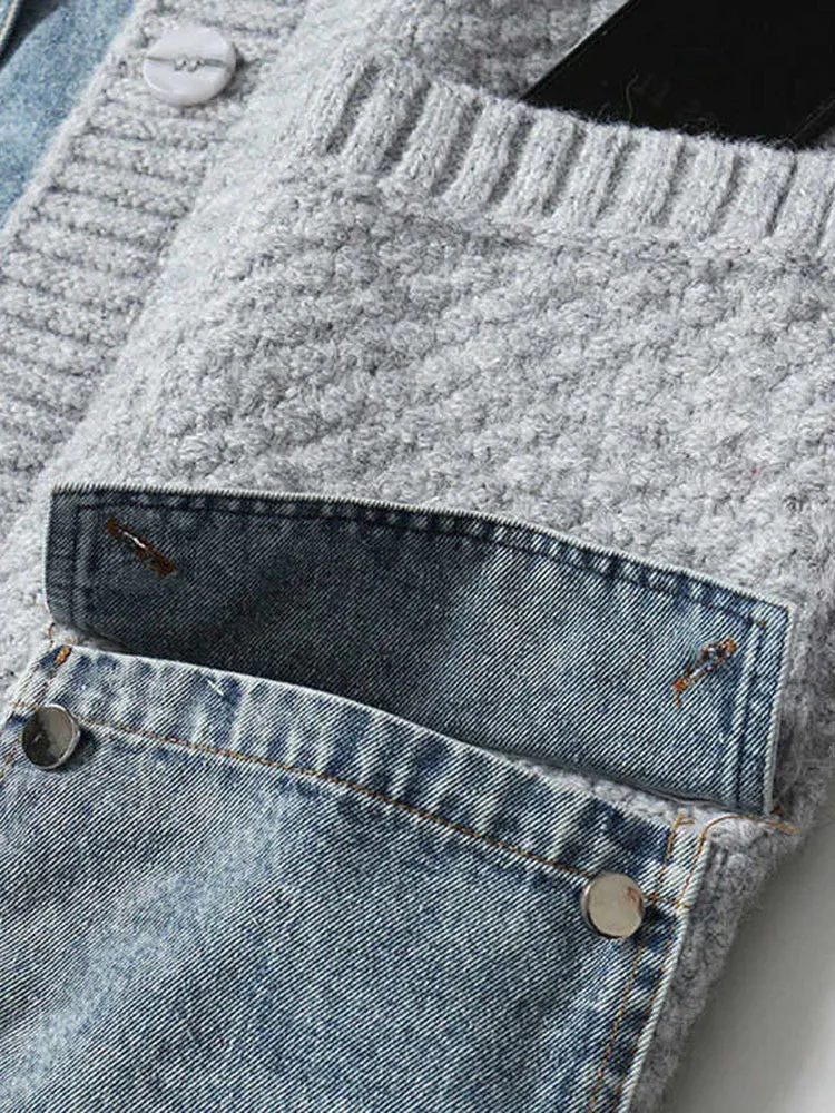 Yuke Denim Shirt Patchwork Grey Cardigan Jacket